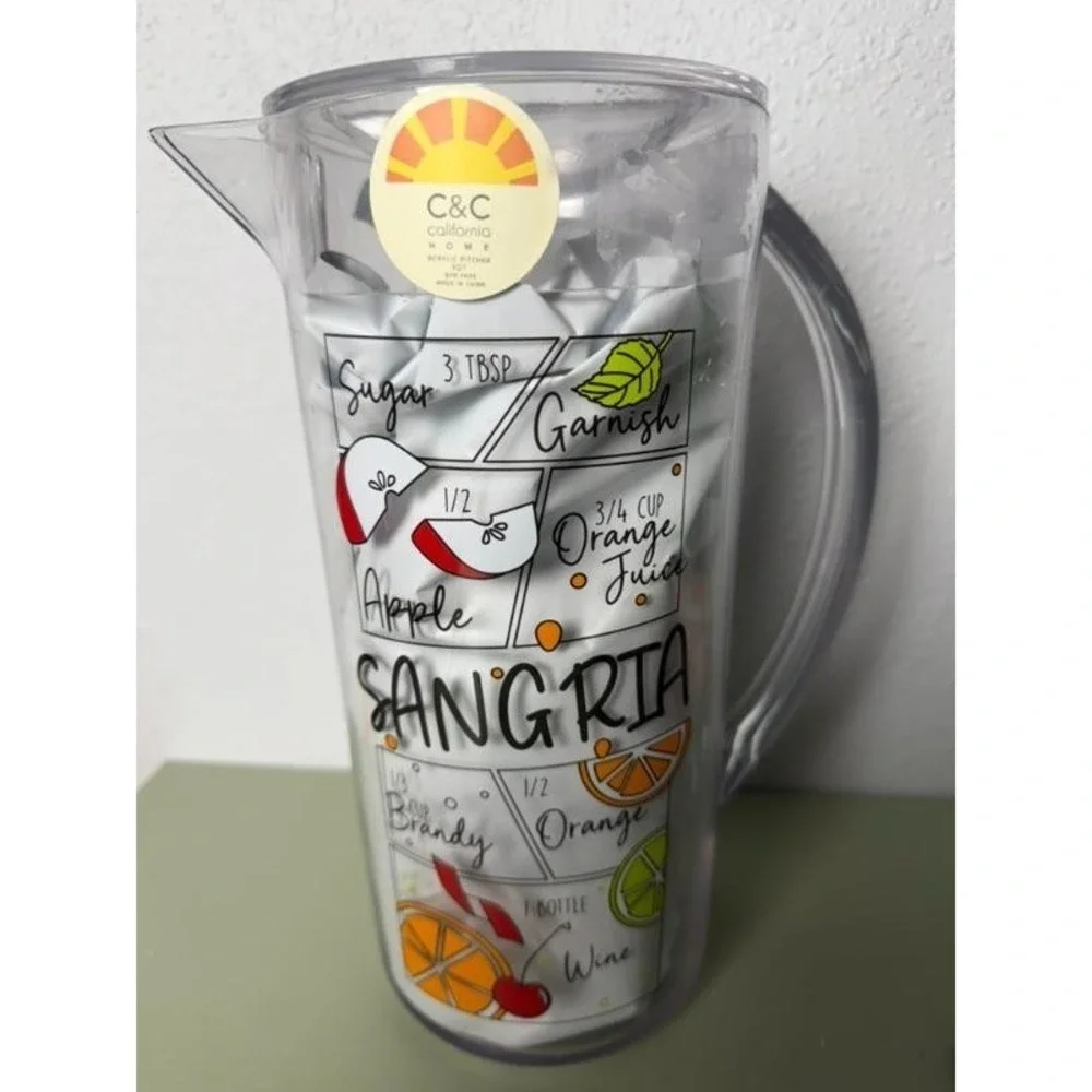 C&C California Home BPA Free Clear Acrylic Pitcher Sangria Recipe Graphics 3QT